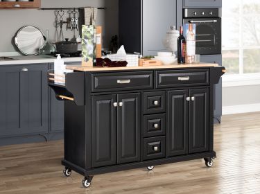 Kitchen Island with Rubber wood Countertop, Kitchen Cart on 5 Wheels with Storage Cabinet and 5 Drawers for Dinning Room, Black