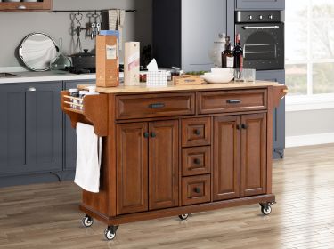 Kitchen Island with Rubber wood Countertop, Kitchen Cart on 5 Wheels with Storage Cabinet and 5 Drawers for Dinning Room, Mahogany