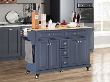 Kitchen Island with Rubber wood Countertop, Kitchen Cart on 5 Wheels with Storage Cabinet and 5 Drawers for Dinning Room, Blue