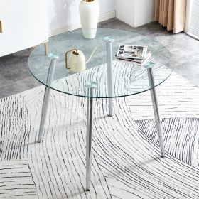 A glass tabletop with a diameter of 40 inches and a modern minimalist circular dining table with electroplated silver metal legs. Suitable for restaur