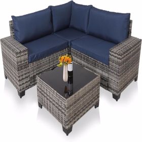 4 Pieces Patio Furniture Set,Outdoor All Weather-Wicker Rattan Sectional Conversation Sofa Set with Glass Table and Cushions for Seating for Garden