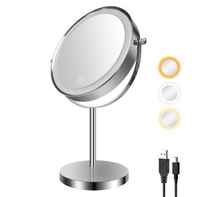 8-inch Makeup Mirror with Lights, Double Sided 1X/10X Magnifying Mirror, 3 Color Lighting Dimmable Vanity Mirror with 360Â° Swivel (Color: Chrome)