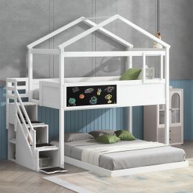 Twin over Full House Bunk Bed with Storage Staircase and Blackboard (Color: White)