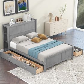 Full Size Platform Bed with Drawers and Storage Shelves (Color: Gray)